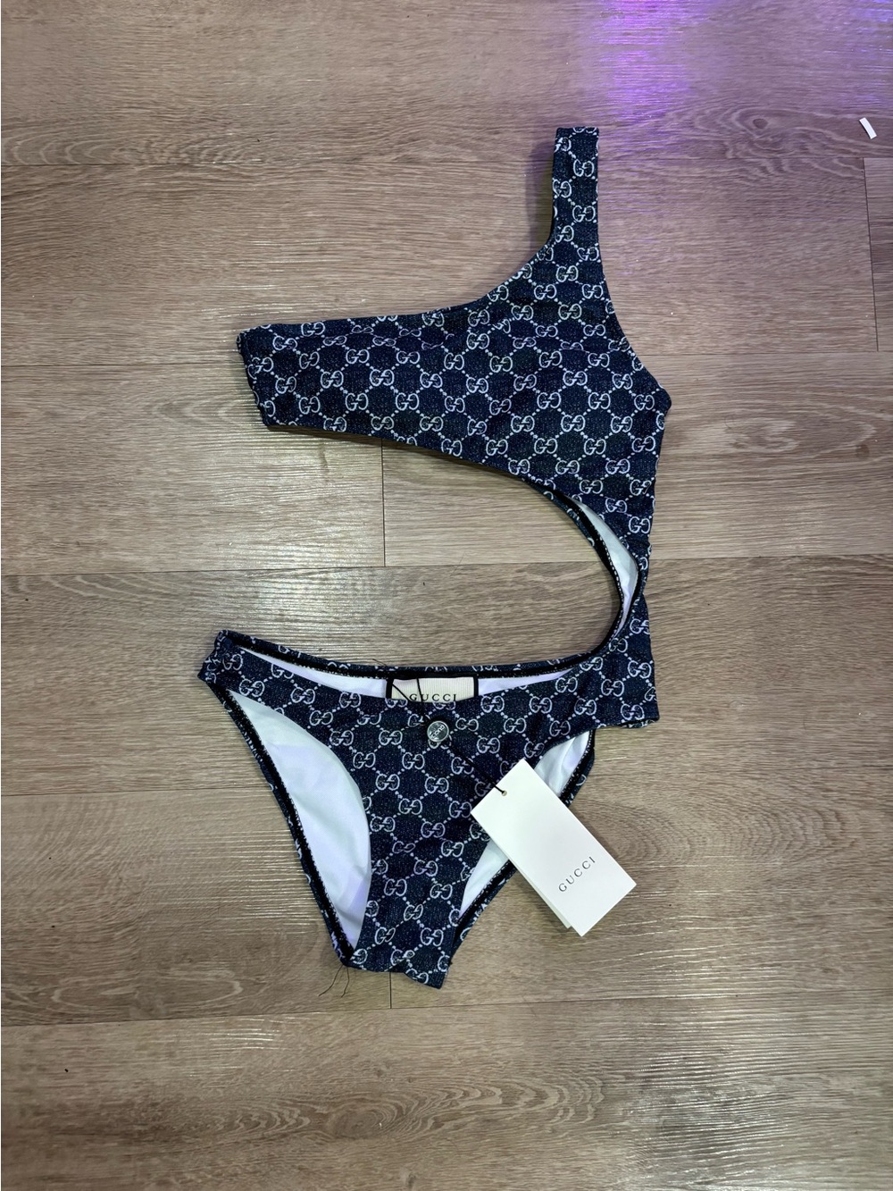 Gucci Navy and White One-Shoulder Logo Bikini - Picture 3 of 6